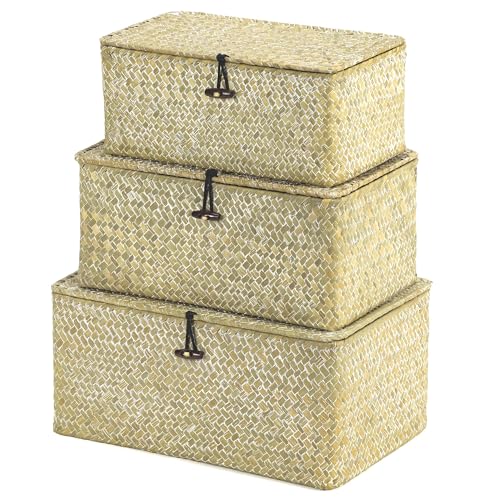 Nonam Storage Basket with Lid, Natural Seagrass Bin with Lid Set of 3, Shelf Baskets Multipurpose Container for Boho Decoration, Rectangular Household Storage Boxes for Home Organization-White - color: Standard White* Set of 3