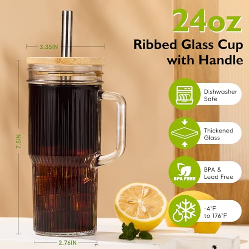 JunVpic Glass Tumbler, 24 oz Ice Coffee Cups with Bamboo Lid and Handle | Stainless steel straws and cleaning brushes, Ribbed design for iced coffee, smoothies, tea and daily drinks - color: Clear-Ribbed, size: 24oz