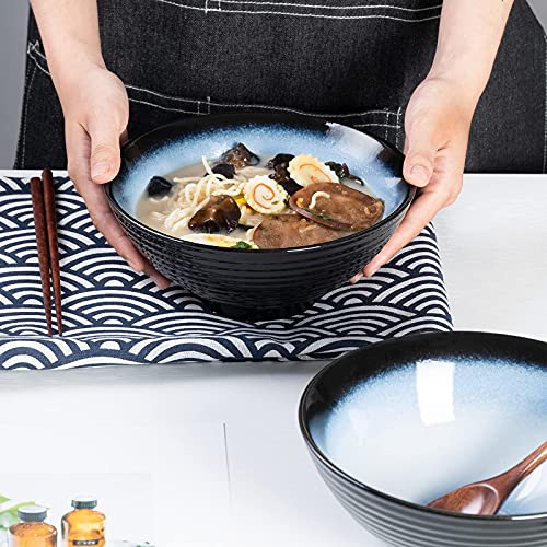Ceramic Japanese Ramen Bowl Set, 2 Sets Asian Pho Udon Soup Noodle Bowls with Spoons and Chopsticks (Black/Blue, 8 inches) - color: Black/Blue