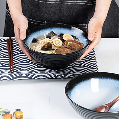 Ceramic Japanese Ramen Bowl Set, 2 Sets Asian Pho Udon Soup Noodle Bowls with Spoons and Chopsticks (Black/Blue, 8 inches) - color: Black/Blue