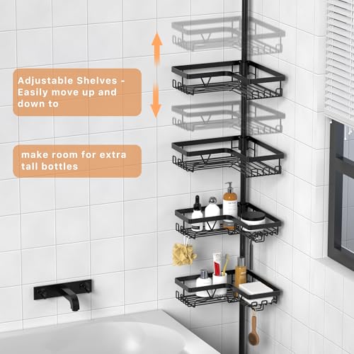 KEGII Corner Shower Caddy Tension Pole, 6-Tier Bathroom Organizer, Black | Floor to Ceiling Design with Rustproof Waterproof Finish, Adjustable 25-114.2 inch Pole for Shampoo, Towels and Essentials