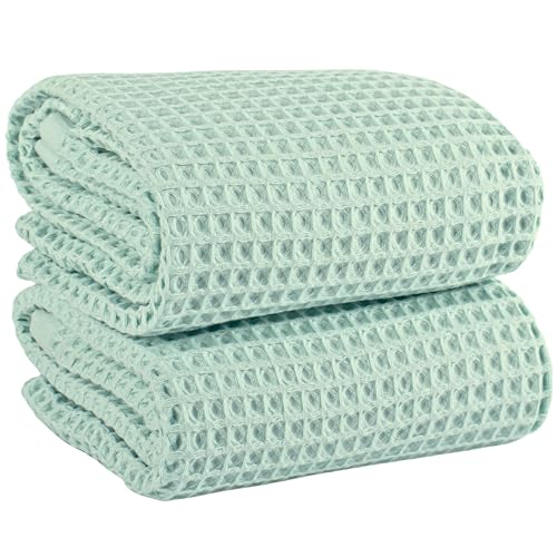 PÜSKÜL 2-Piece Natural 100% Turkish Cotton Waffle Bath Towels Extra-Large | Ice Green, 32x63" Bath Sheet Towel, Light Soft Absorbent Quick-Dry Lint-Free Premium Honeycomb Weave Oeko-Tex Made in Turkiye - color: Ice Green