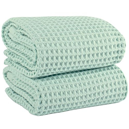 PÜSKÜL 2-Piece Natural 100% Turkish Cotton Waffle Bath Towels Extra-Large | Ice Green, 32x63" Bath Sheet Towel, Light Soft Absorbent Quick-Dry Lint-Free Premium Honeycomb Weave Oeko-Tex Made in Turkiye - color: Ice Green