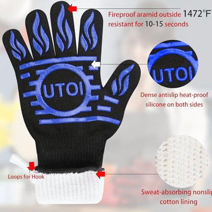 BBQ Grill Gloves 1472°F Heat Resistant, XL Long Non-Slip Oven Mitts for Baking, Kitchen, Campfire, Smoker and Outdoor Cooking, EN407 Certified, Washable, Blue - color: Blue Bbq Gloves