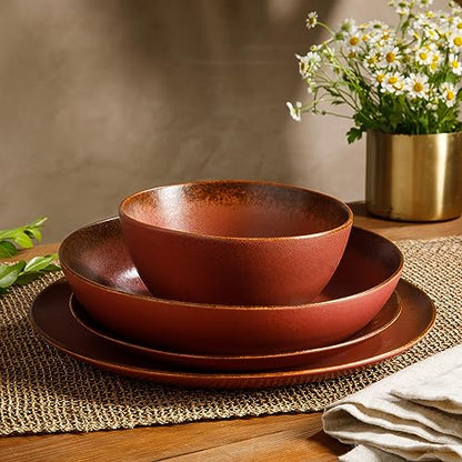 Two Time Oprah's Favorite Things Winner - Palermo Sun Double Bowl Stoneware Reactive Glaze Plates and Bowls Dinnerware Set - Paprika Red, Service for Four (16pcs) - color: Paprika Red