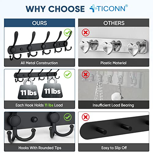 TICONN Wall Mounted Coat Rack, Five Heavy Duty Tri Hooks All Metal Construction for Jacket Coat Hat in Mudroom Entryway (Matte Black, 1-Pack) - color: Matte Black