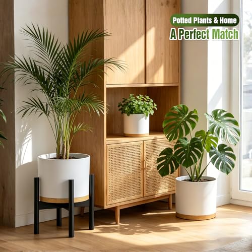 10/9/8 Inch Plant Pots 3 Pack, with Drainage Hole & Saucers | Cylindrical plastic planters with drainage holes & saucers. Modern matte finish, lightweight & durable for indoor/outdoor use - color: Matte White&brown