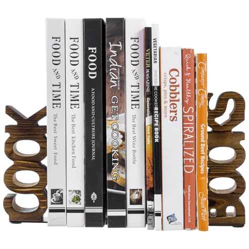 MyGift Rustic Burnt Wood Cook and Books Decorative Bookends, 2 Piece Set | Recipe Display, Freestanding Support, Kitchen Accent, Farmhouse Style, Keeps Books Upright, Decorative Countertop Feature