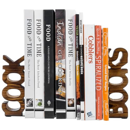 MyGift Rustic Burnt Wood Cook and Books Decorative Bookends, 2 Piece Set | Recipe Display, Freestanding Support, Kitchen Accent, Farmhouse Style, Keeps Books Upright, Decorative Countertop Feature