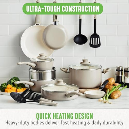 GreenLife 16 Piece Ceramic Nonstick Pots & Pans Cookware Set, Taupe | PFAS-Free Nonstick Coating, Stockpot, Frying Pans, Saucepans, Sauté Pan, Stay-Cool Handles, Dishwasher & Oven Safe up to 350F - color: Taupe, style: Soft Grip