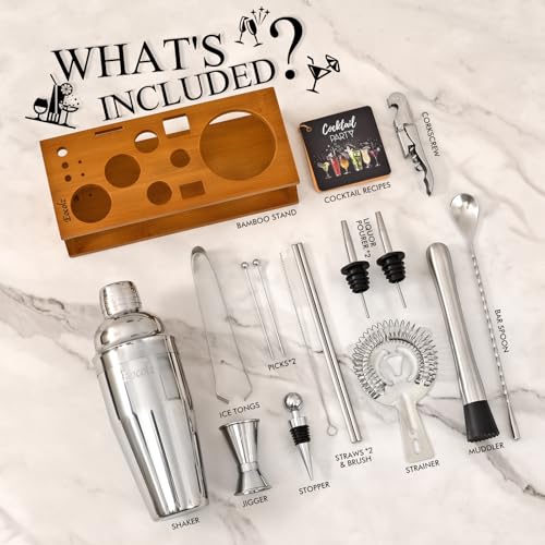 Bartender Kit Cocktail Shaker Set with Stand Bar Tool Bar Set for Drink Mixing Home Bartending Kit 17-Piece Bar Cart Accessories: Martini Shaker, Mixer Spoon, Jigger, Muddler, Strainer & Recipes Gifts - color: Silver Cobbler - 17pcs