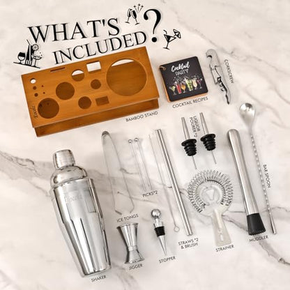Bartender Kit Cocktail Shaker Set with Stand Bar Tool Bar Set for Drink Mixing Home Bartending Kit 17-Piece Bar Cart Accessories: Martini Shaker, Mixer Spoon, Jigger, Muddler, Strainer & Recipes Gifts - color: Silver Cobbler - 17pcs