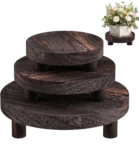 3 Pcs Wooden Risers for Display, Round Wood Riser Plant Stand 5/6/8" Pedestal Stand, Flower Pot Holder Small Planter Tray for Kitchen Home Décor (Rustic Brown) - color: Rustic Brown