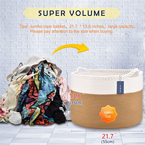 COMSE XXXLarge Woven Blanket & Laundry Basket, 87L, White & Camel | 21.7" x 13.8", Cotton Rope, Nursery Hamper for Storage of Toys Clothes Towels, Ideal for Living Room Bedroom Bathroom - color: White & Camel