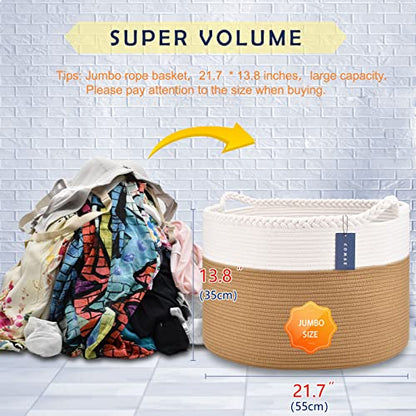 COMSE XXXLarge Woven Blanket & Laundry Basket, 87L, White & Camel | 21.7" x 13.8", Cotton Rope, Nursery Hamper for Storage of Toys Clothes Towels, Ideal for Living Room Bedroom Bathroom - color: White & Camel