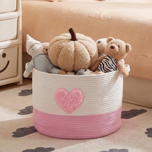 LemonRoad Pink Heart Extra Large Cotton Rope Basket 20"x14", Embroidered Woven Baby Laundry Blanket Basket Box with Handle Storage, Blanket Storage for Living Nursery Pillows Laundry Baby Toy Chest - style: Heart