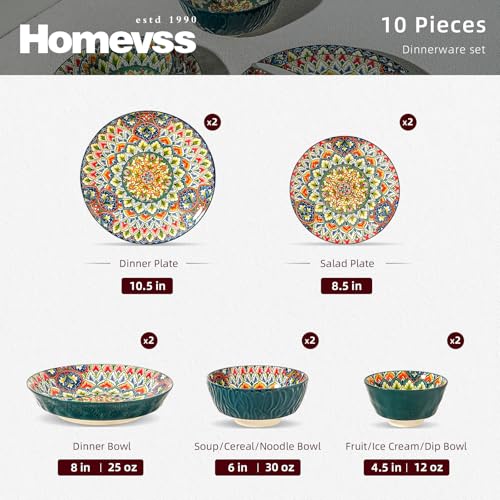 Boho 10 Pieces Dinnerware Sets, Plates and Bowls Set, Porcelain Dishes Set for 2, Microwave and Dishwasher Safe, Scratch Resistant, Bohemian Style Dining Ware, Green - color: Green