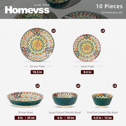 Boho 10 Pieces Dinnerware Sets, Plates and Bowls Set, Porcelain Dishes Set for 2, Microwave and Dishwasher Safe, Scratch Resistant, Bohemian Style Dining Ware, Green - color: Green