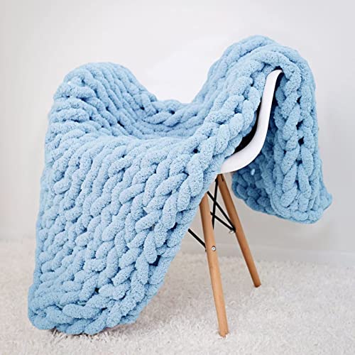 Large Chenille Throw Blanket Chunky Hand Knit Bed Throw 59x79 Light Blue Warm Blanket for Adults Kids Boho Home Decorations - color: Light Blue, size: 59x79"