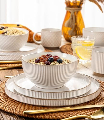 GBHOME Stoneware Dinnerware Set for 4, 12 piece Farmhouse Plates and Bowls | Elegant Embossed Ceramic Dish Set, Scratch Resistant, Microwave & Dishwasher Safe, Off white - color: Off white-Stackable