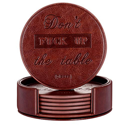 Funny Coasters, Thipoten 6 Pcs Leather Coasters with Holder, Perfect Housewarming Hostess Gifts, Protect Furniture from Water Marks Scratch and Damage(6Pcs, Coffee) - color: Coffee