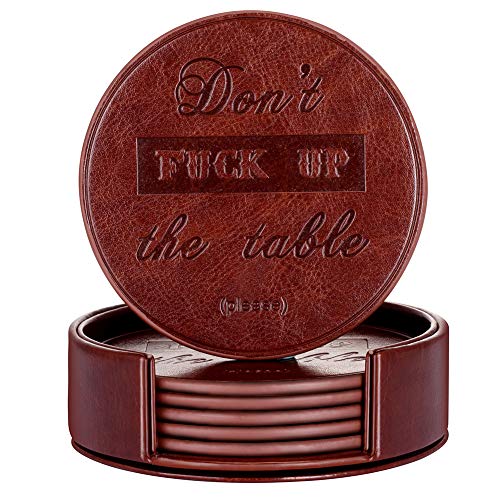 Funny Coasters, Thipoten 6 Pcs Leather Coasters with Holder, Perfect Housewarming Hostess Gifts, Protect Furniture from Water Marks Scratch and Damage(6Pcs, Coffee) - color: Coffee