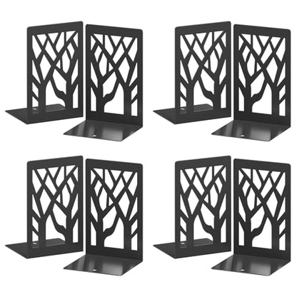 VFINE 8-Piece Metal Bookends for Shelves, Black Tree Book Ends for Books, Decorative Desk Book Organizer, Non-Skid Shelve Bookends for Home Office Shcool Supplies - style: Black bookend 4 pairs
