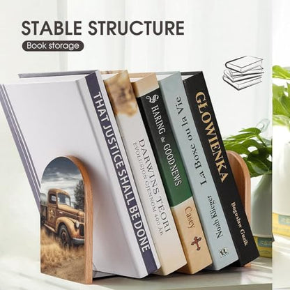 Old Truck Car Book Ends for Shelves - 2 Pack Handmade Wooden Bookends with Metal Base, Sturdy Book Holder for Heavy Books Modern Decorative Book Stopper for Home Office