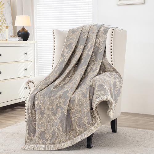 Loom and Mill Grey Jacquard Throw Blanket for Couch Sofa Bed, 52x72 Inches | Classic Thick Chenille Bed Throws Soft and Cozy Velvet Fall Blankets with Fringes Trim for Couch Recliner Chair Home Decor - color: Grey