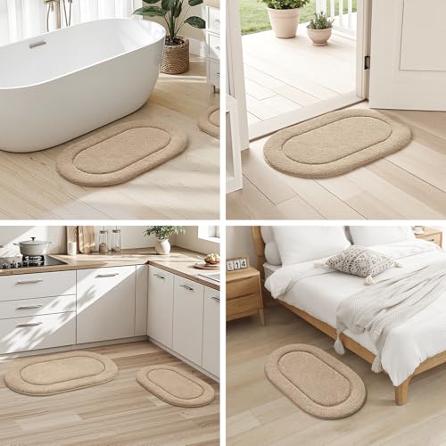HOMEIDEAS Beige Oval Bathroom Rug Sets 2 Piece 20" x 32" + 16" x 24" | Microfiber Bath Mats, Non-Slip TPR Backing, Ultra Absorbent & Quick Dry, Machine Washable for Bathroom, Shower, Tub - color: Beige