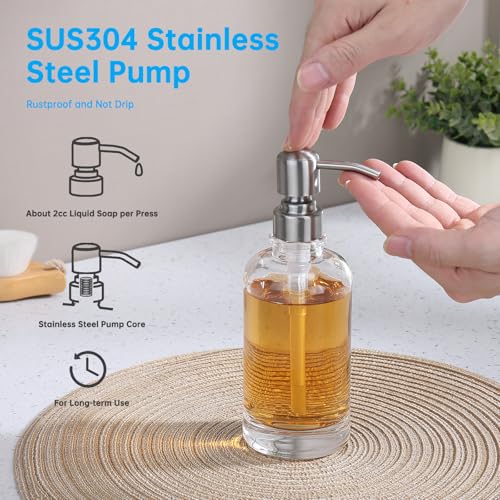 Clear Glass Soap Dispenser with Brushed Nickel Pump 2 Pack, 2 X 11 OZ Liquid Soap Dispenser Cylindrical with Stainless Steel Pump for Dish Hand Soap Bathroom Kitchen Vanity Countertop - color: Brushed Nickel, size: 2X11 oz