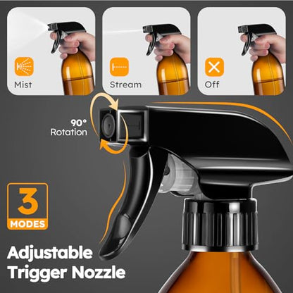Tecohouse 360° 16 OZ Amber Glass Spray Bottles 2 Pack | 360° All-Angle Spray, Leakproof, Empty Refillable Containers for Cleaning Solutions, Plants, Facial Hydration, Hairs Care, - color: Amber