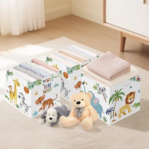 Clastyle 11.8" Animal Storage Basket Set of 3 for Kid Toy Clothes Bin | Collapsible Fabric Book Bin, Metal Frame Bottom Board, Cube Organizer, Closet Nursery Pantry Shelf Bedroom, Safari Lion - color: Lion Elephant