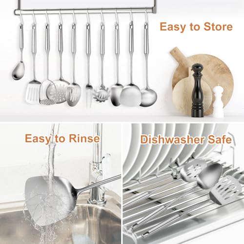 304 Stainless Steel Cooking Utensils Set, 12 Pcs Long Stainless Steel Kitchen Utensils Set, Metal Cooking Utensils Set with Potato Masher, Spoon, Ladle, Skimmer, Pasta Server etc(Dishwasher Safe)