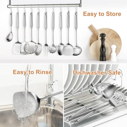 304 Stainless Steel Cooking Utensils Set, 12 Pcs Long Stainless Steel Kitchen Utensils Set, Metal Cooking Utensils Set with Potato Masher, Spoon, Ladle, Skimmer, Pasta Server etc(Dishwasher Safe)