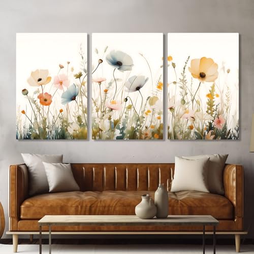 Wildflower Meadow Canvas Wall Art – 3 Panel Botanical Floral Print in Soft Pastel Colors – Modern Farmhouse Decor for Bedroom, Living Room, or Entryway (16" x 24" x 3 pcs) - size: 16" x 24" x 3 pcs