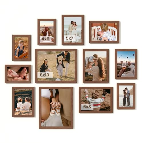 Heimlove Walnut Wood Grain Collage Picture Frames Set of 12,Two 8x10,Two 6x8,Four 5x7,Four 4x6 Photo Frames,Gallery Wall Frame Set for Wall Mount or Tabletop Display - color: WALNUT WOOD GRAIN