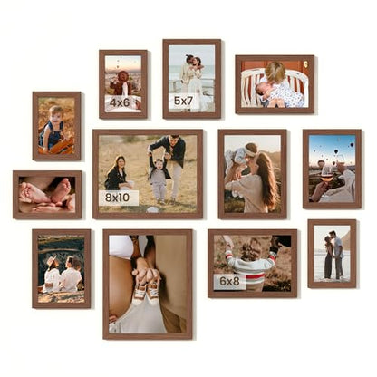 Heimlove Walnut Wood Grain Collage Picture Frames Set of 12,Two 8x10,Two 6x8,Four 5x7,Four 4x6 Photo Frames,Gallery Wall Frame Set for Wall Mount or Tabletop Display - color: WALNUT WOOD GRAIN