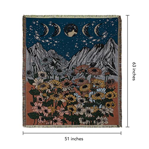 Flower Moon Mountain Throw Woven Blanket with Tassel for Home Decoration Chair Couch Sofa Bed Beach Travel Picnic Cloth Tapestry Shawl Cozy Cotton (Blue & Red 63×51 Inches)