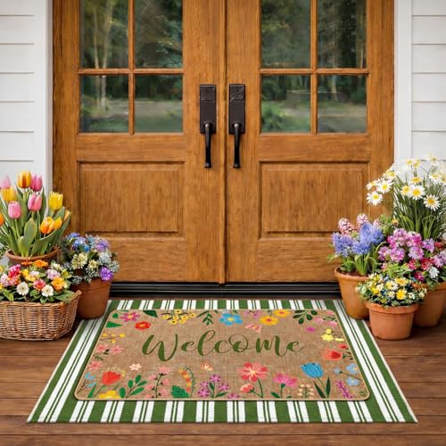 Tinideya 2 Pcs Summer Floral Door Mat Outdoor Wildflower Welcome Doormat for Front Door Linen Rubber Layered Flower Stripes Doormat Non Slip Summer Rugs for Porch Entryway Outside Floor Decor - size: 16 x 28 Inch,24 x 35 Inch, style: Welcome