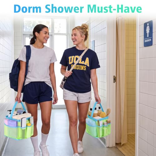 EUDELE Mesh Shower Caddy Portable, 8-Pocket Large Capacity, Quick Dry, Easy Clean, Ideal for Beach, Swimming, Gym, Travel - color: Fluorescent Green-Light Blue