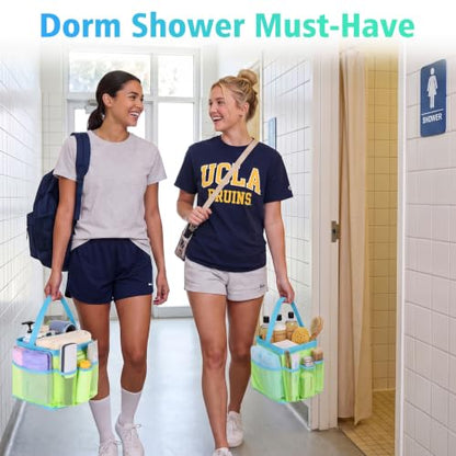 EUDELE Mesh Shower Caddy Portable, 8-Pocket Large Capacity, Quick Dry, Easy Clean, Ideal for Beach, Swimming, Gym, Travel - color: Fluorescent Green-Light Blue