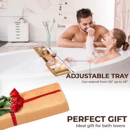 Premium Bamboo Bathtub Tray Caddy for Tub - Expandable Foldable Bath Tray - Unique House Warming Gifts, New Home, Anniversary & Wedding Gifts for Couple, Bath Table Bridal Shower Gift