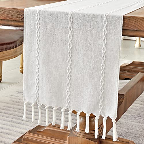 Wracra Rustic Linen Table Runner, White Table Runners 60 inches Long | Raised Embroidered Design and Hand-Tassels;Cotton Linen Woven Fabric; Farmhouse Table Runner;Home Kitchen Dining Decor - color: White, size: 13"×60"