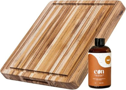 Teakhaus Carving Board and EON Cutting Board Oil Set - Small (S) Teak Wood Cutting Board with Juice Groovel & Food-Grade Mineral Oil - 16”L x 12”W x 1.5” Thick - FSC Certified - color: Cutting Board with Maintenance Oil, size: Small (16 inch x 12 inch x 1