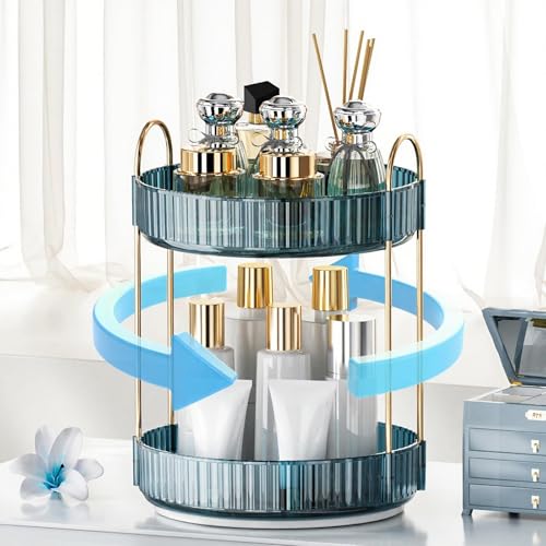 INVSSENE 360° Rotating Makeup Organizer, Bathroom Organizers and Storage Holder Rack, Large Capacity Vanity Shelf Countertop, Fits Cosmetics, Perfume, Skin Care(Blue, 2 Tiers) - color: Blue, size: 2 Tiers