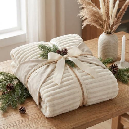 Nookly Beige Twin Size Fleece Blanket, Soft Lightweight Ribbed Plush Bed Blanket, Cozy All-Season Striped Fleece Twin Throw for Bedroom and Home, 60x80 Inches - color: Beige, size: Twin(60"x80")