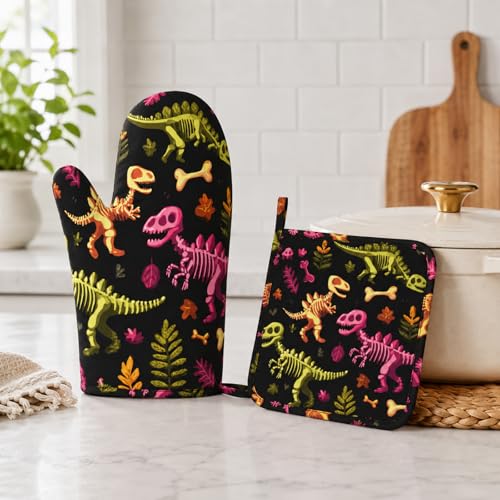 Dinosaur Skeleton Oven Mitts and Pot Holders Sets Non-Slip Silicone Surface for BBQ Gloves,Kitchen,Cooking,Baking,Grilling - color: Dinosaur Skeleton