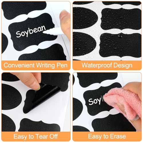 273 Pcs Labels for Jars, Waterproof Reusable Chalkboard Labels | for Food Containers, Bottles, Blackboard Stickers with 1 Erasable Chalk Marker (Black)
