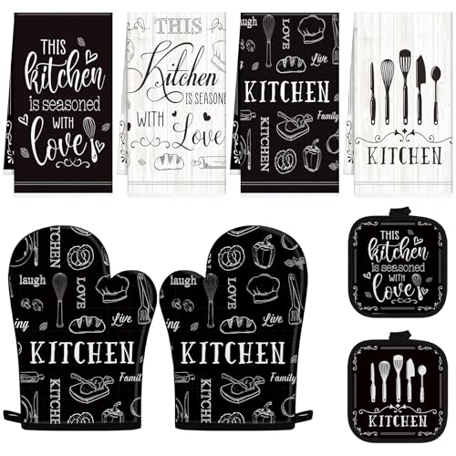 Farmhouse Kitchen Decor Set, 8 PCS Oven Mitts Pot Holders and Hand Towels Accessories, Vintage Black and White Home Decorations Gift for Cooking Baking - color: Farmhouse